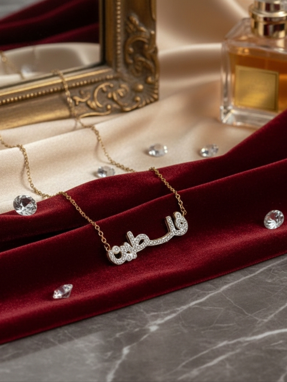 Gold Script Nameplate "PALESTINE" Necklace with Clear Crystals - Women Jewelry